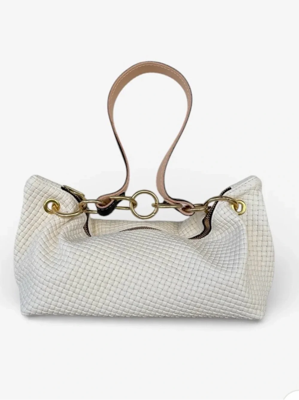 Beallice Blair White Woven east west Leather Shoulder Bag with Gold Hardware